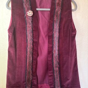 Vintage Velvet Boho Vest Burgundy Faux Fur Trim